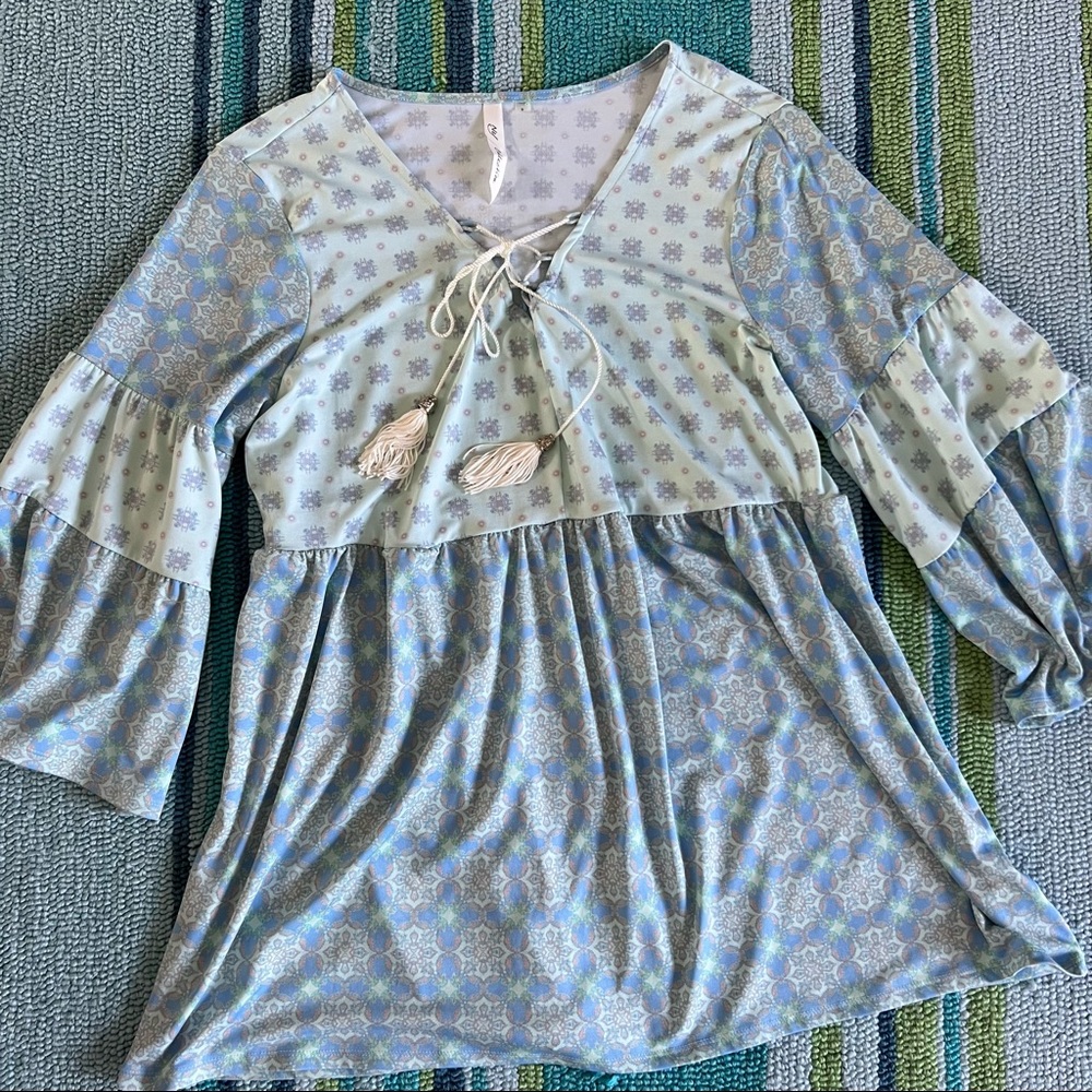 NY Collection Peasant Mixed Print Top Mini Dress • Size Small, runs large as top